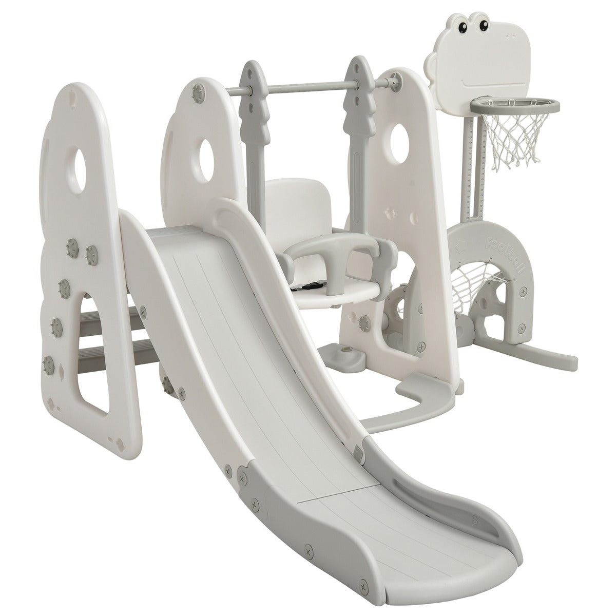 Toboggan et balançoire pour enfants 6-en-1 avec toboggan à grimper, panier de basket-ball, but de football et trou de golf gris