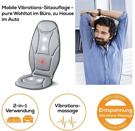 Beurer MG 155 Coussin de massage - Adapté à l'utilisation en voiture - . adaptateur voiture - 5 moteurs de vibration - Massage par vibration - Chauffage - 3 Zones - 2 Niveaux d'intensité
