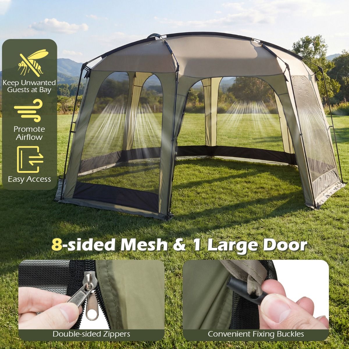 Tente de camping Coast avec moustiquaire - Tente de jardin pliable pour 6 à 8 personnes - 380 x 355 x 225 cm - Vert/Noir