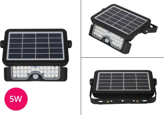 Hortensus Noir Projecteur solaire avec détecteur de mouvement - 5W - 3x16x22cm