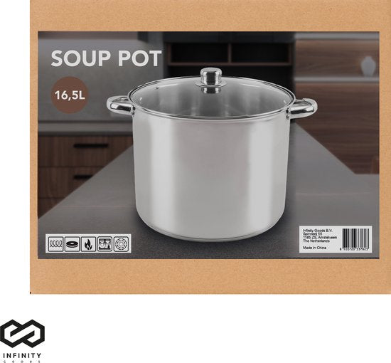 Infinity Goods Faitout - Couvercle en verre - 16.5L - 30 CM - Induction Gaz Céramique - Lavable au lave-vaisselle - acier inoxydable