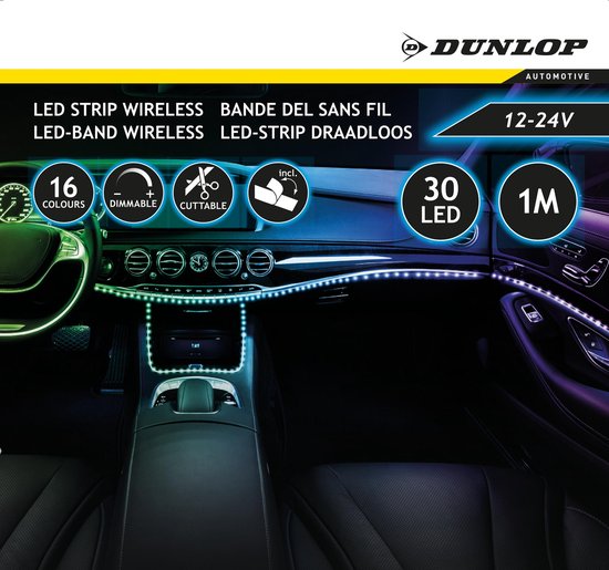 Dunlop Bande LED - 1 Mètre - 30 LED - 16 Couleurs - Dimmable - Avec télécommande - 12V/24V