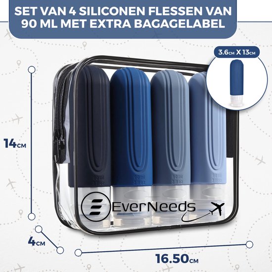EverNeeds Bouteilles de voyage avec étui - rechargeables - Bouteilles de voyage en silicone pour bagages à main - bleu - 4 pièces