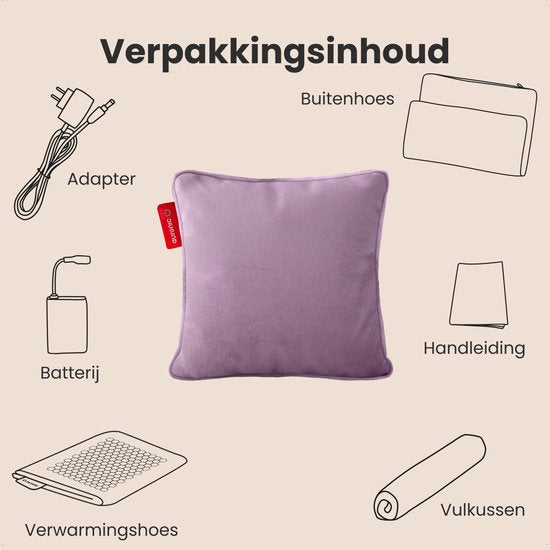 Auronic Heat Pillow - Velvet - 45x45 - Sans fil - Rechargeable - Oreiller électrique - Infrarouge - Violet
