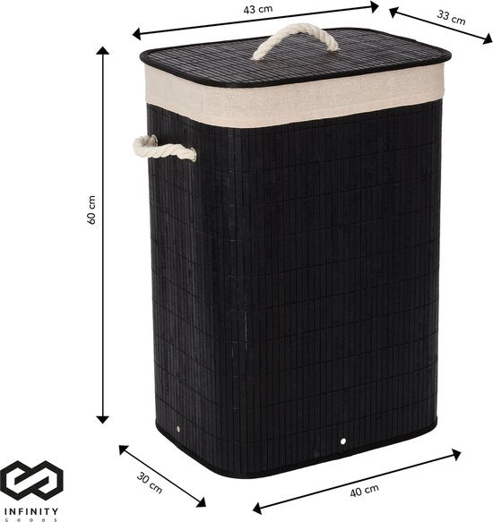 Infinity Goods Panier à linge avec couvercle noir - Bambou - Trieur de linge - Sac à linge en coton lavable - Poignées - 72 litres - Noir