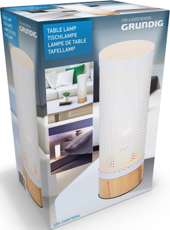 Lampe de table Grundig - ronde, lumière diffuse, blanc et bois - Eclairage élégant pour tout type d'intérieur