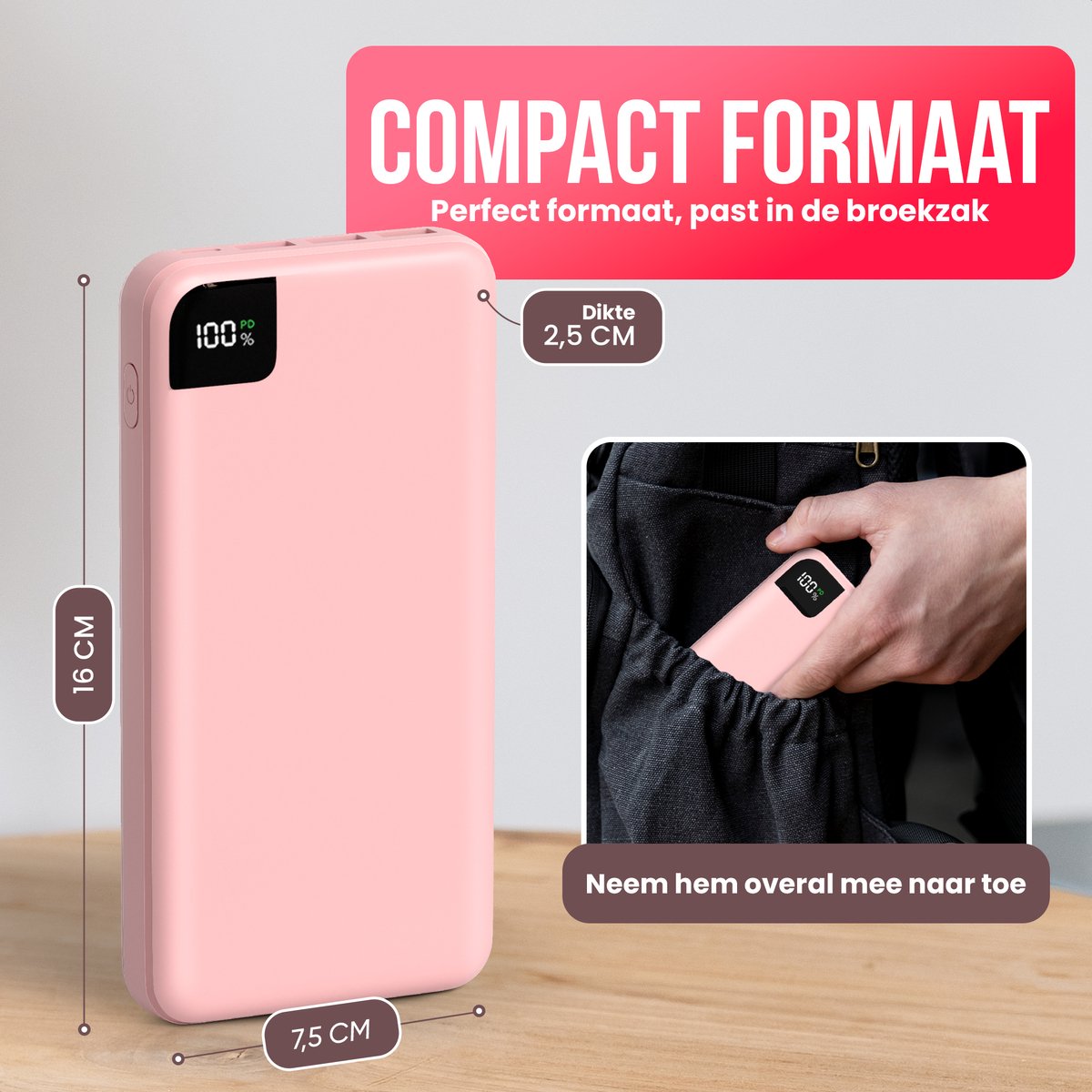 Strex Powerbank Pink - 27 000 mAh - Charge rapide 22,5 W - USB-A/USB-C - Indication LED - Powerbank universel adapté à iOS/Android, entre autres