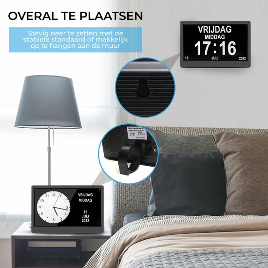 TTD® Dementia Clock XXL 10 pouces avec câble extra long - Horloge calendrier avec jour, date et météo - Affichages analogique et numérique - 20 alarmes et 3 alarmes médicales - Wi-Fi - Pour les personnes âgées, les malvoyants, les seniors et les personnes