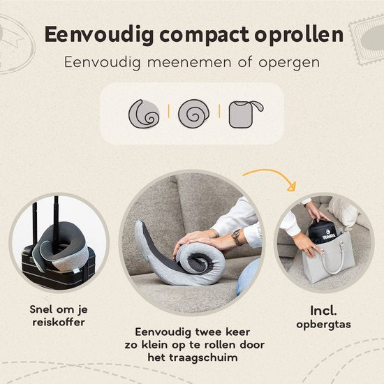 TRAVARA Oreiller de cou - Oreiller de voyage - Pour l'avion - La voiture - Mousse à mémoire de forme - Avec bouchons d'oreille - Gris
