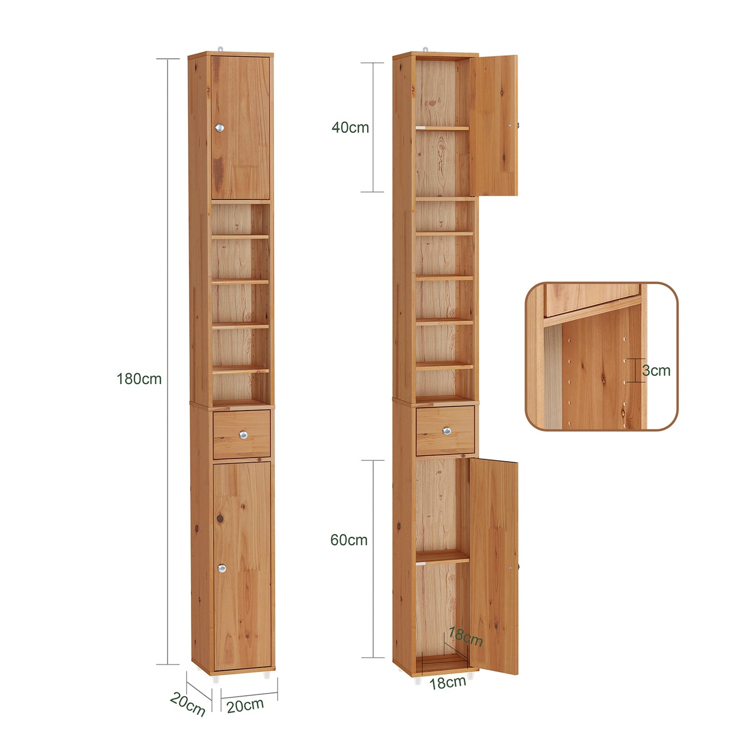 SoBuy BZR34-II-SH Grand meuble de salle de bain étroit - couleur bois - 20 x 20 x 180 cm - autoportant, en bois massif résistant à l'eau, avec étagères et tiroirs réglables