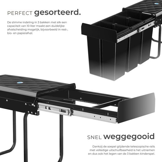 tectake® Collecteur de déchets - Poubelle encastrée - Séparation multiple des déchets - Solution de rangement efficace pour la cuisine et le bureau - Poubelle triple avec rails télescopiques - 3x 10L
