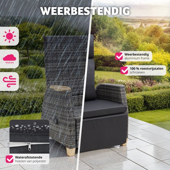 tectake® - Fauteuil d'extérieur en osier - Fauteuil à haut dossier - Repose-pieds et dossier réglable - Fauteuil relax avec fonction d'inclinaison - Meubles de salon pour le jardin - Fauteuil de terrasse - Fauteuil de lecture - Incl. espace pour tasse/ver