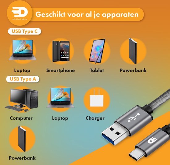 Drivv. Câble USB vers USB C - Chargeur rapide - Câble de données et de charge USB C - Court - 1 mètre - Convient à Samsung, iPhone 15 et autres - Gris spatial