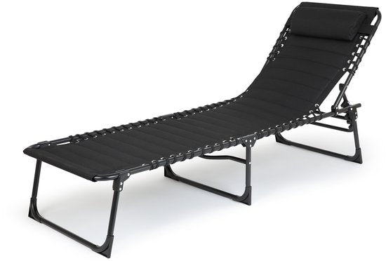 909 OUTDOOR Chaise longue pliable - Noir - Avec coussin et dossier réglable - 189x59x30 cm - Jusqu'à 110 kg