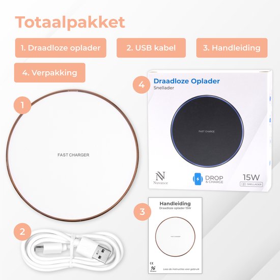 Nuvance - Chargeur sans fil 15W - Câble inclus - Chargeur sans fil - Chargeur rapide - Convient à tous les smartphones Qi - Blanc et or