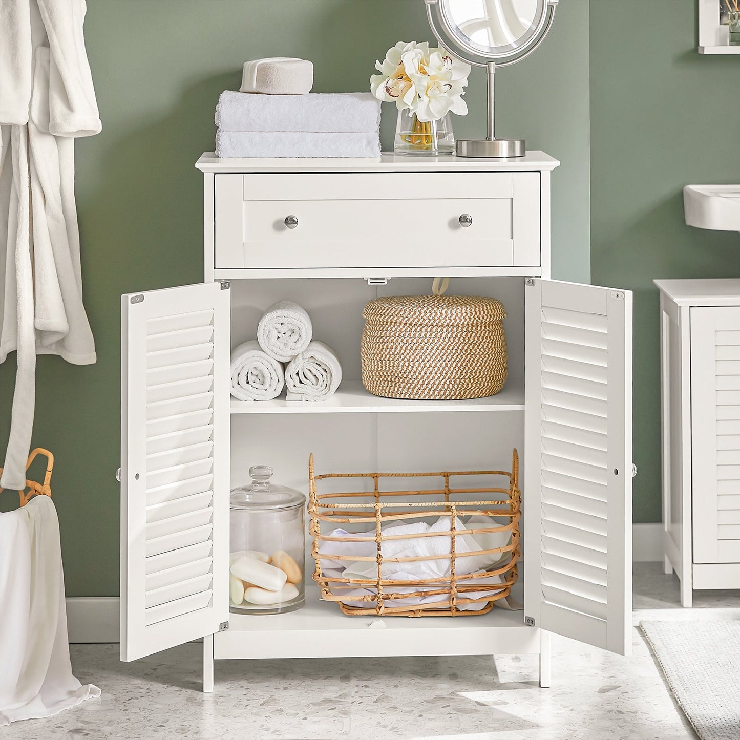 SoBuy Meuble de salle de bain - Tiroir et 2 portes - MDF - Blanc - 60x87x35 cm