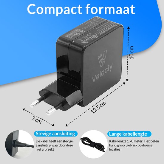 Velociy® Chargeur USB-C 100W - Adaptateur USB-C - Chargeur USBC adapté à Samsung - Universel incluant ordinateurs portables, tablettes, téléphones et hubs USB-C - Compact - Version 2024