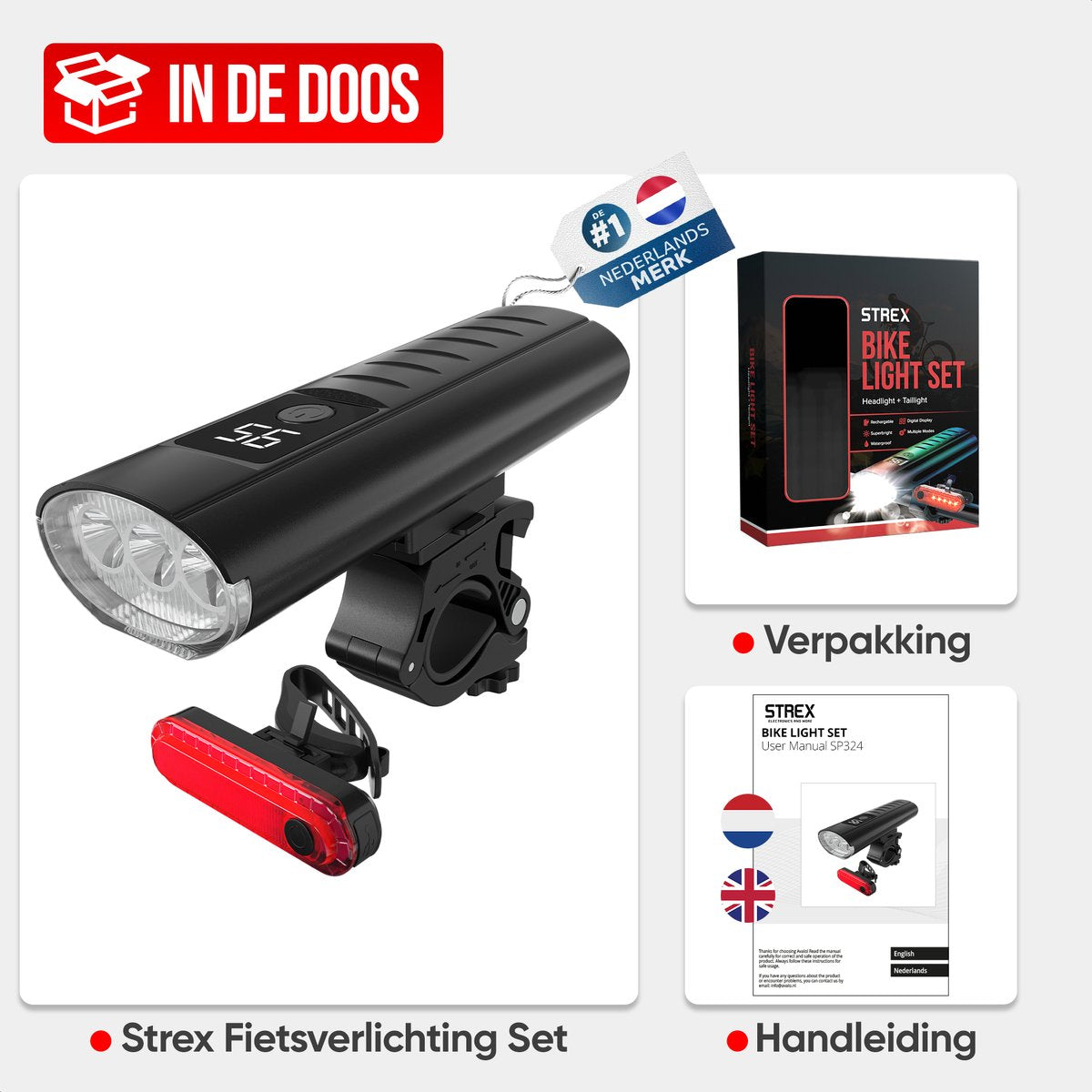 Strex Bicycle Light Set - LED 1600 Lumen Front and Rear Light - USB Rechargeable - Waterproof - Includes Powerbank function