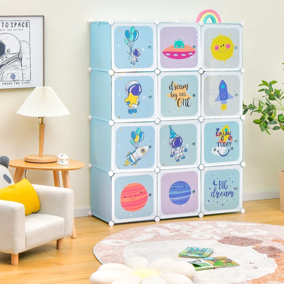 Penderie pour enfants Penderie pour bébés avec 2 sections suspendues et 12 cubes Mignonne commode de dessin animé pour chambre d'enfant Salle de jeux