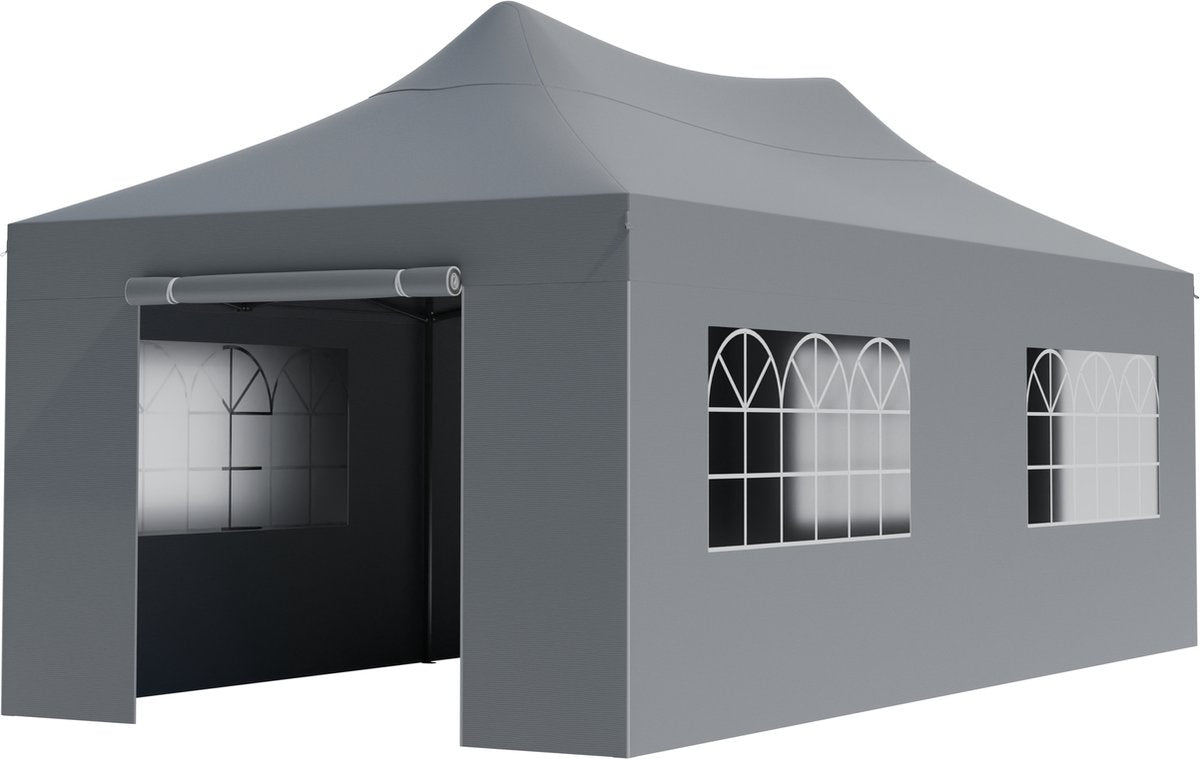 Tente de réception - LifeGoods - Étanche - Sac de transport à roulettes - 3x6 m - Gris foncé