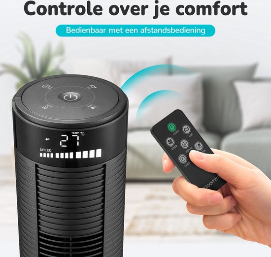 Ventilateur de tour Bloomfold - 38 pouces - Noir - Télécommande - Mode veille - Minuterie 12 heures - Affichage LED complet