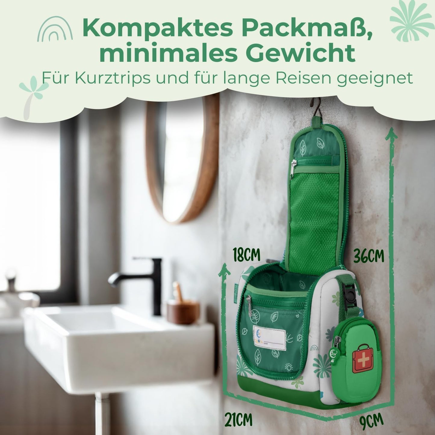 REISERACKER Trousse de toilette pour enfants - 21 x 9 x 18 cm - vert