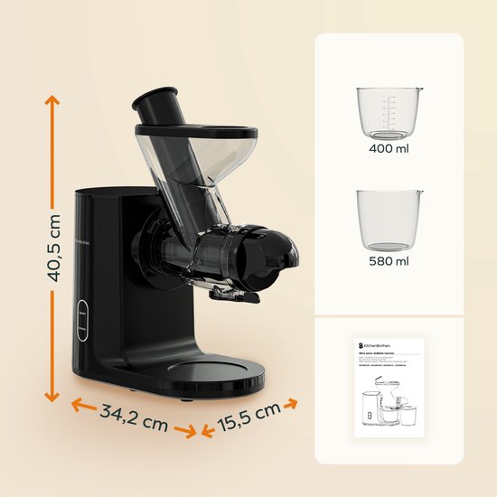 KitchenBrothers Slowjuicer - Presse-agrumes - Presse-légumes et fruits - Alimentation 43 mm et 60 mm - 400 ml - Noir