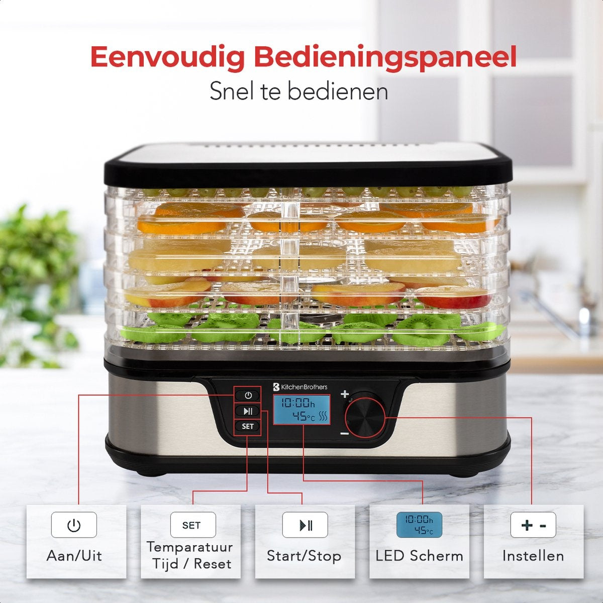 Séchoir à aliments - KitchenBrothers - électrique 380W - 5 couches - 9 niveaux de chaleur - 35°C à 75°C - minuterie - acier inoxydable/noir