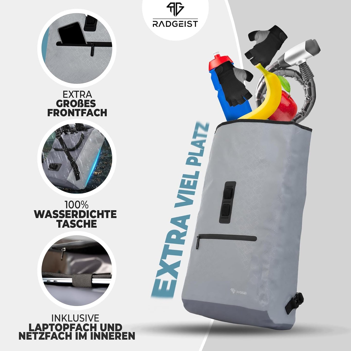 RADGEIST sac à vélo pour porteur I sac à vélo & sac à dos I sac à vélo pour femmes & hommes I sac à bandoulière & sac à vélo pour vélo 20L gris