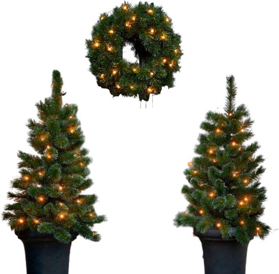Black Box Trees Glendon Ensemble de 2 arbres de Noël et 1 couronne avec lumières LED - Vert