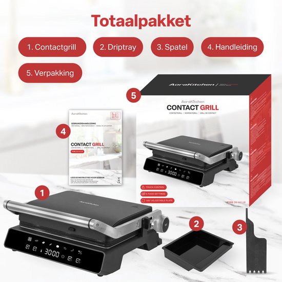 AoraKitchen Contact Grill - 180º Fold-out - Appareil à griller avec plaques amovibles - 7 supports - Fer à sandwich et à panini - 2000W