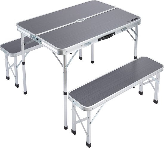 Table de camping Casaria Aluminium - Incl. 2 bancs/pliables - Gris