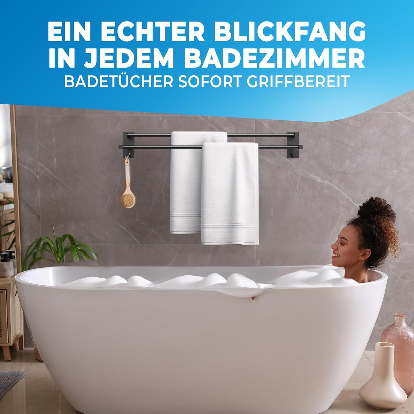 LOBUX® - Porte-serviettes sans percer noir - 80cm, inox - Porte-serviettes salle de bain double, autocollant - Barre porte-serviettes, porte-serviettes de bain incl. 2 crochets porte-serviettes - Salle de bain, paroi de douche, cuisine