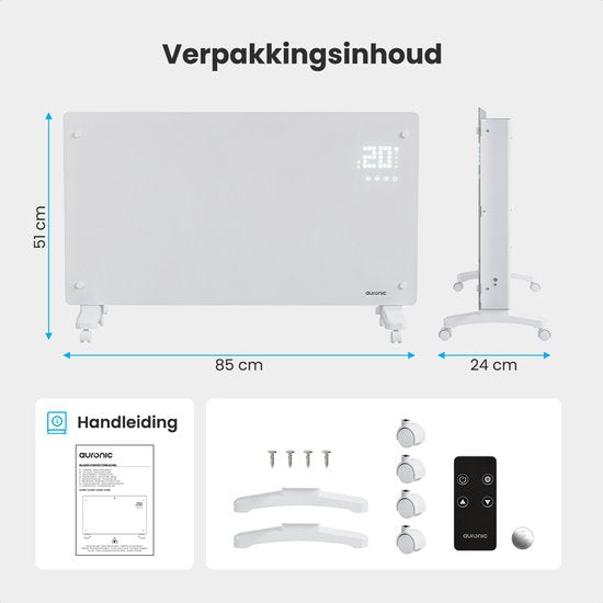 Auronic Electric Heater - Convecteur avec thermostat et télécommande - Panneau chauffant - jusqu'à 30 m² - 2500W Heater - White