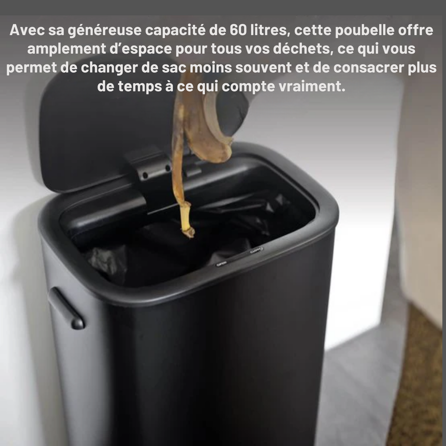 Poubelle - QLT No Less - Ouverture avec capteur - 55 litres - 42 x 28,5 x 62,5 cm - Noir