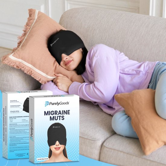 PurelyGoods® Masque contre la migraine 600gr. - Masque contre la migraine - Hot/Coldpack - Icepack - Thérapie par la chaleur et le froid - Sac de congélation inclus - Noir