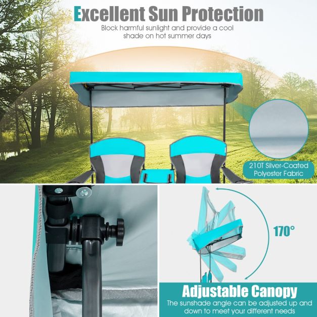 Chaise de camping de luxe pour 2 personnes avec auvent réglable, glacière et sac de transport - idéale pour les activités de plein air