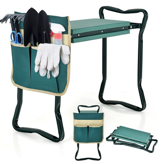 Tabouret de jardin pliable avec coussin EVA Tabouret de jardin 2 en 1 avec cadre en métal et 1 grand sac à outils 150KG pour le jardinage Vert