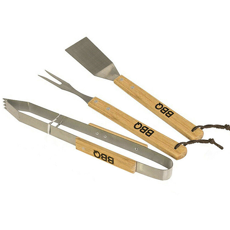 Set d'outils BBQ/barbecue 3 pièces avec manches en bois - Pince - Fourchette - Spatule