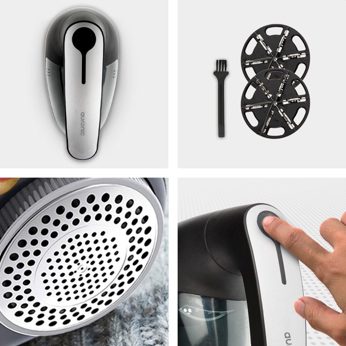 Rasoir anti-bouloche vêtements rechargeable USB Auronic Sans fil, 2 accessoires supplémentaires, Noir