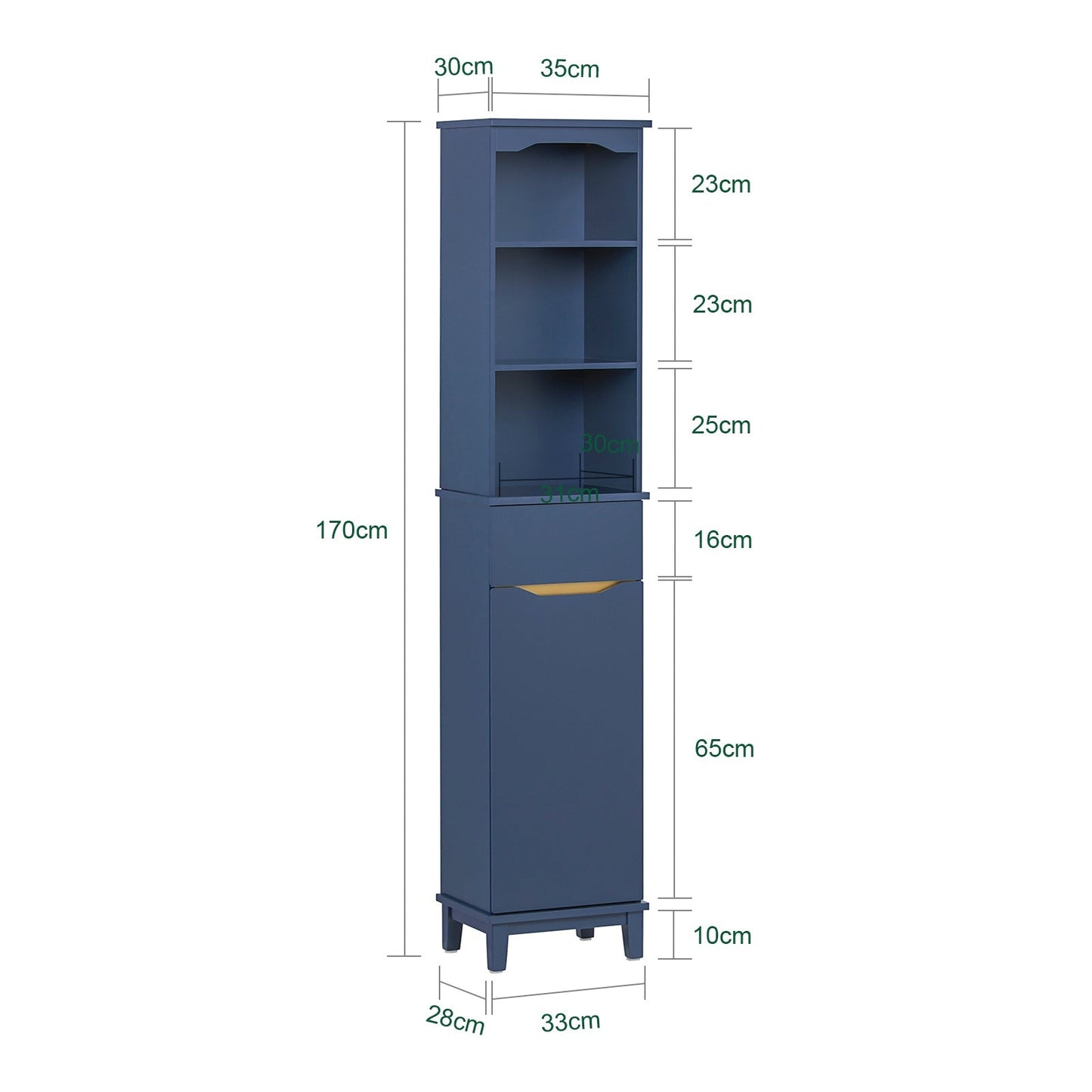 SoBuy Meuble colonne de salle de bain - Meuble haut - 3 étagères - 1 porte - 35 x 30 x 170 cm - Bleu