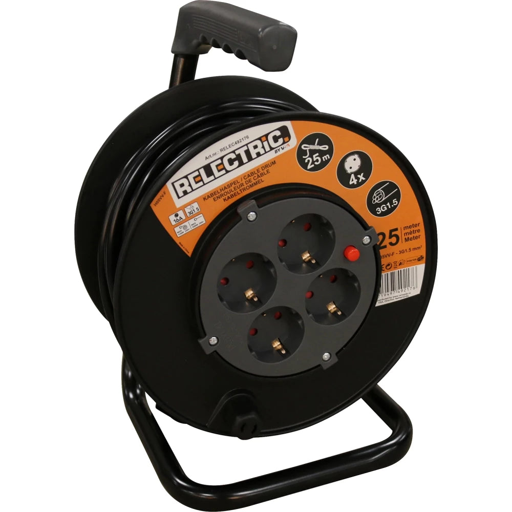 Enrouleur de câble Relectric - 25 mètres - 3 x 1,5 mm - 4 prises - Noir