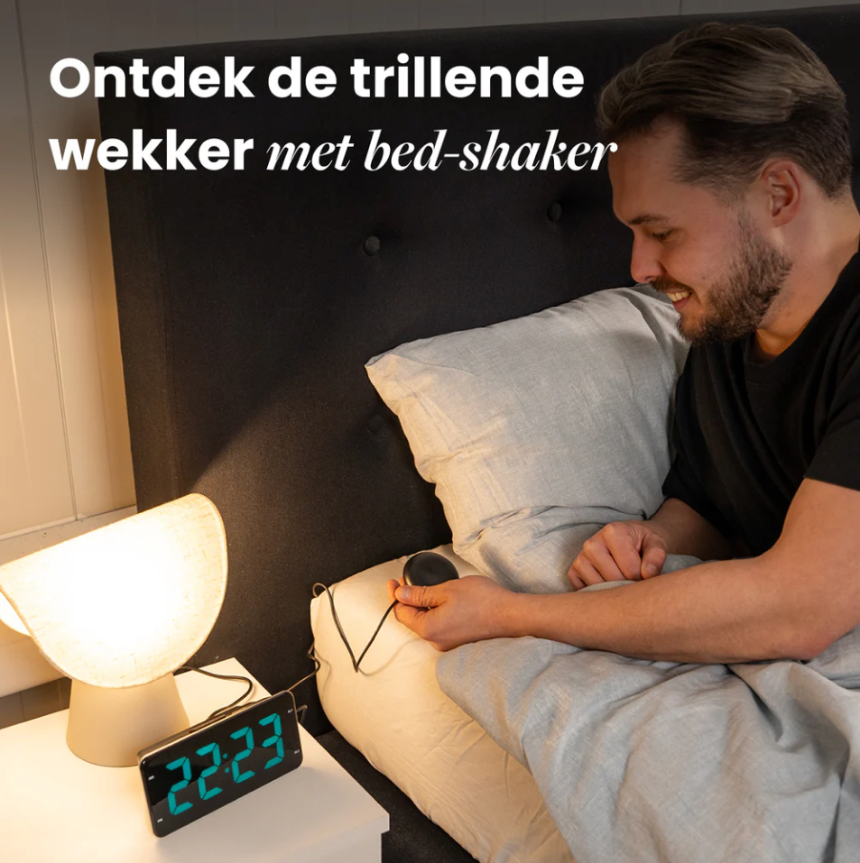 Réveil DreamCare Pulse avec fonction vibration et vibreur de lit – Doté d'un écran entièrement réglable en luminosité, d'une double alarme et d'une fonction snooze – Pour les gros dormeurs et les malentendants – Plastique noir – Câble de 180 cm