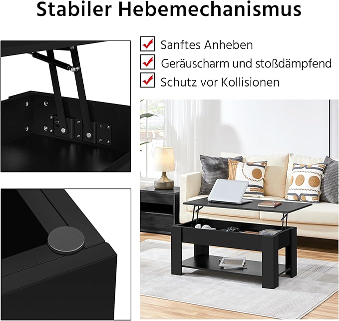 Table basse Yaheetech avec plateau relevable – Noire – Réglable en hauteur avec espace de rangement dissimulé
