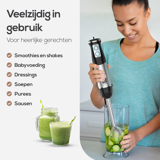 KitchenLove Mixeur plongeant - 800W - 6 vitesses + Turbo - Noir/RVS