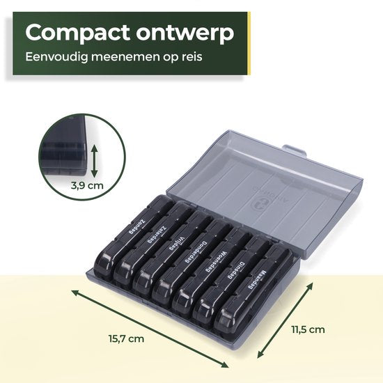 Boîte à pilules Gandria 7 jours - Boîte à pilules amovible - Boîte à médicaments avec 28 compartiments - Boîte à médicaments avec fermeture solide - 4 compartiments par jour - Noir