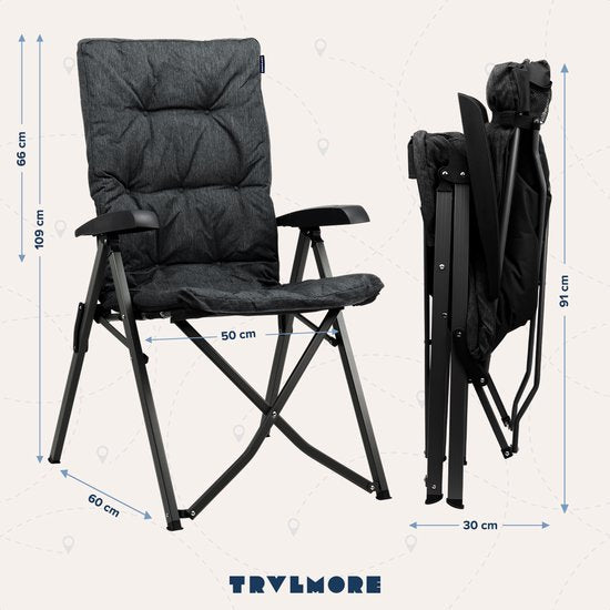 TRVLMORE Chaise de camping - Sac de transport inclus - Chaise pliante confortable - Capacité de charge de 150 kg - Chaise de camping - Rangement - Chaise pliante - Noir