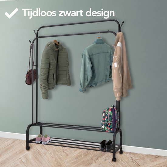 Brixy Rack à vêtements - Rack à vêtements double - Rack à penderies sur roulettes - Rack à vêtements avec porte-chaussures - 98 x 34 x 159 cm - Noir