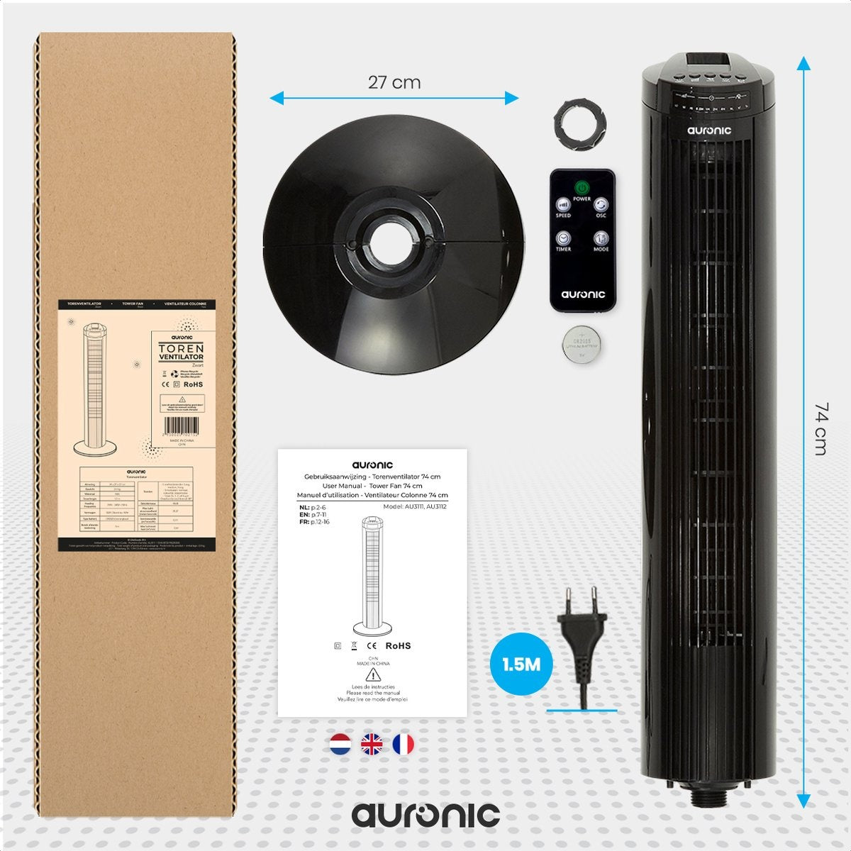 Ventilateur colonne - Auronic 50W – 3 vitesses, 3 modes, télécommande – Silencieux 45 dB – 74 cm