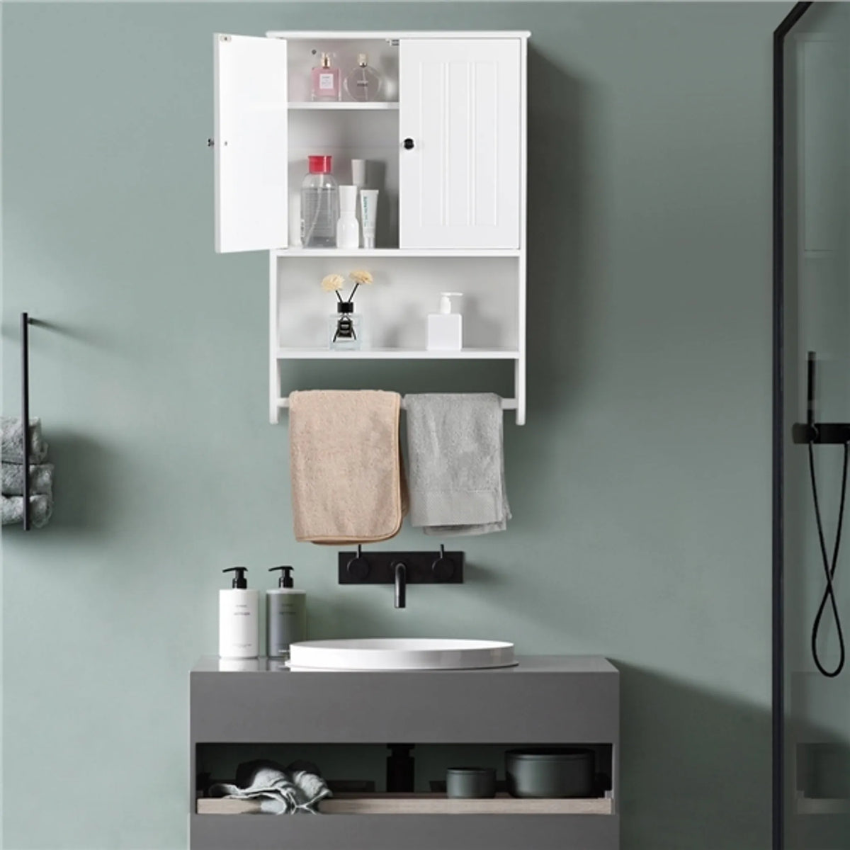 Armoire murale de salle de bains Yaheetech - Blanche - 48,5 x 14 x 73 cm - Porte-serviettes, compartiment ouvert, étagères réglables
